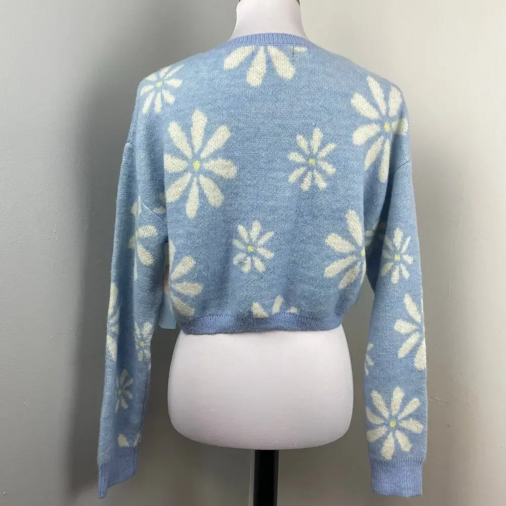 Witty Fox Blue Retro Floral Cropped Knit Sweater Large Daisy - Picture 4 of 7